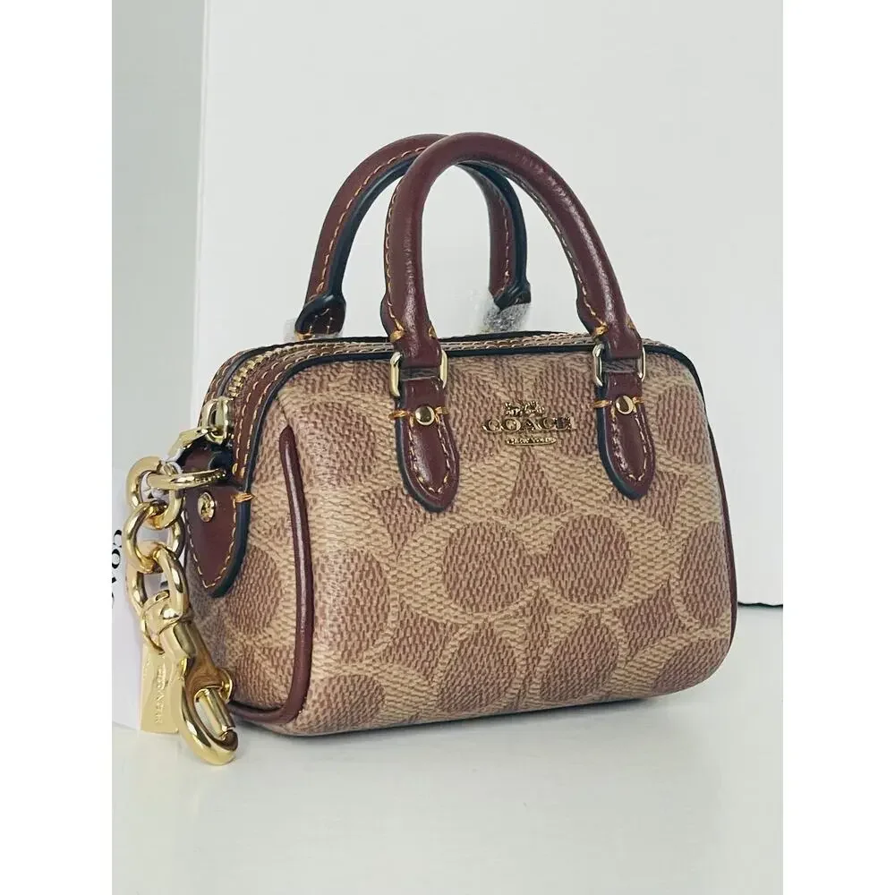 Coach Mini Rowan Bag Charm Brown Signature Canvas Leather Gold CX068
